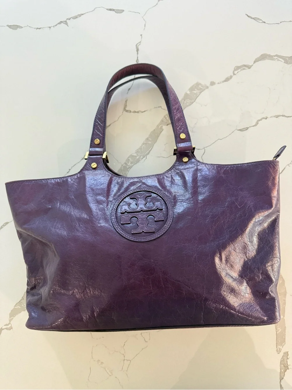 Tory Burch Deep Plum Leather Logo Tote